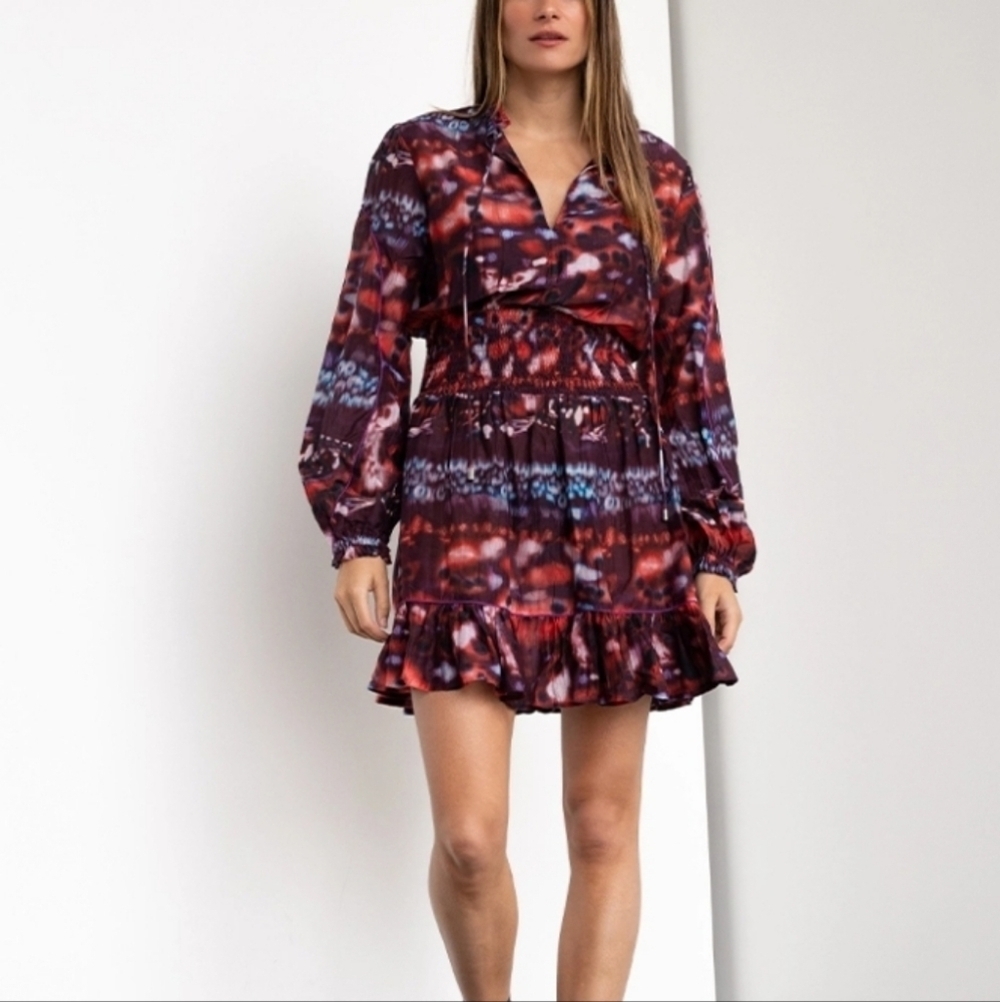 CHUFY Giza Dress Erik Red Cotton Silk Print Dress 36 S Resort Luxury